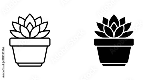 Succulent plant icon: Two simple icons representing a potted succulent plant, one outlined and one filled in black, suitable for graphic design and nature-themed projects.