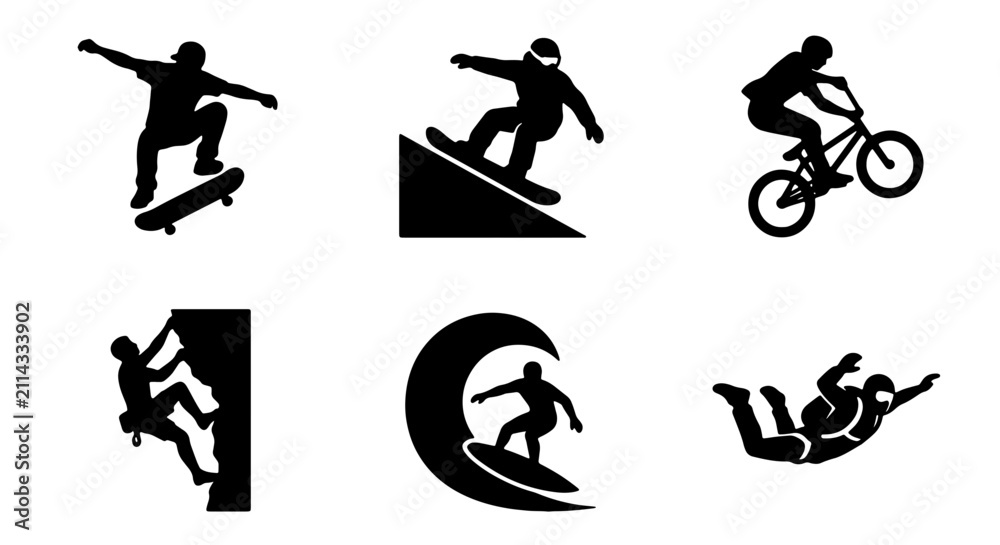 Fototapeta premium Extreme Sports Icons Set: Skateboarder, Snowboarder, BMX Rider, Climbers, Surfer, Skydivers, Action Silhouette Collection
