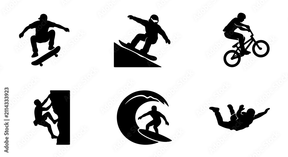 Fototapeta premium Extreme Sports Icons Set: Skateboarder, Snowboarder, BMX Rider, Climber, Surfer, Skydiver Silhouettes, Action Vector Graphics for Active Lifestyle and Adventure Themes