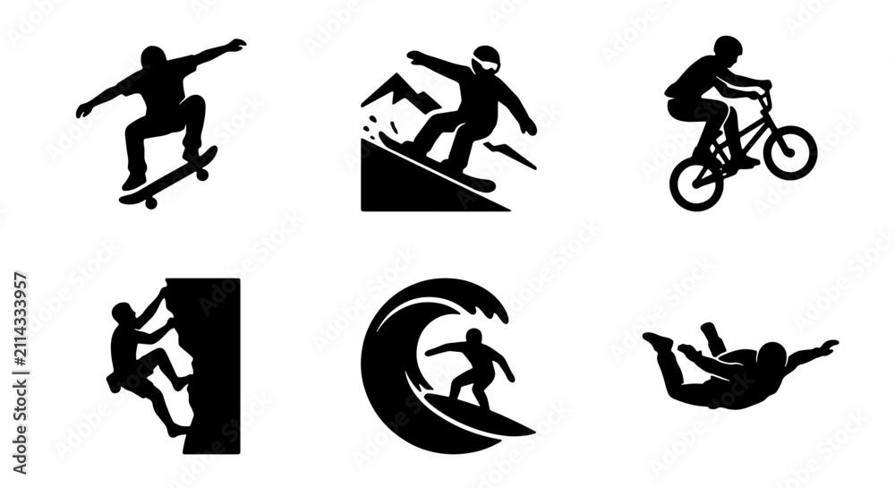 Fototapeta premium Extreme Sports Icons Set: Skateboarder, Snowboarder, BMX Rider, Climbers, Surfer, Skydiver Silhouettes for Action and Adventure Graphics