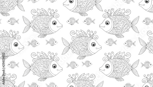 Lovely seamless black and white pattern of highly detailed cartoon fish with beautiful crown dorsal fins on white.