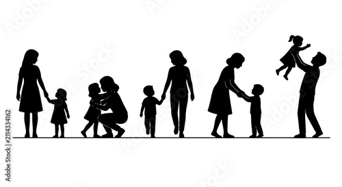 Fotografie Family Silhouettes Collection, Diverse Parents and Children Poses, Parenting Mom
