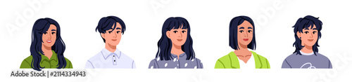 Asian women portraits, modern hairstyles set. Young Korean females with long ...