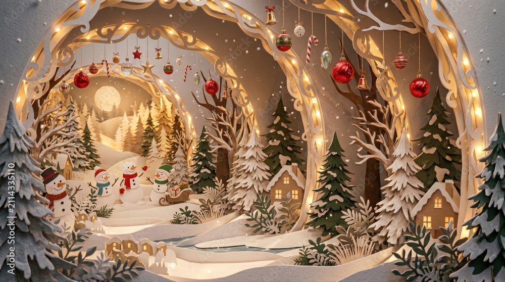 Obraz premium Christmas village diorama with fairy lights. Winter holiday paper craft scene with snow.