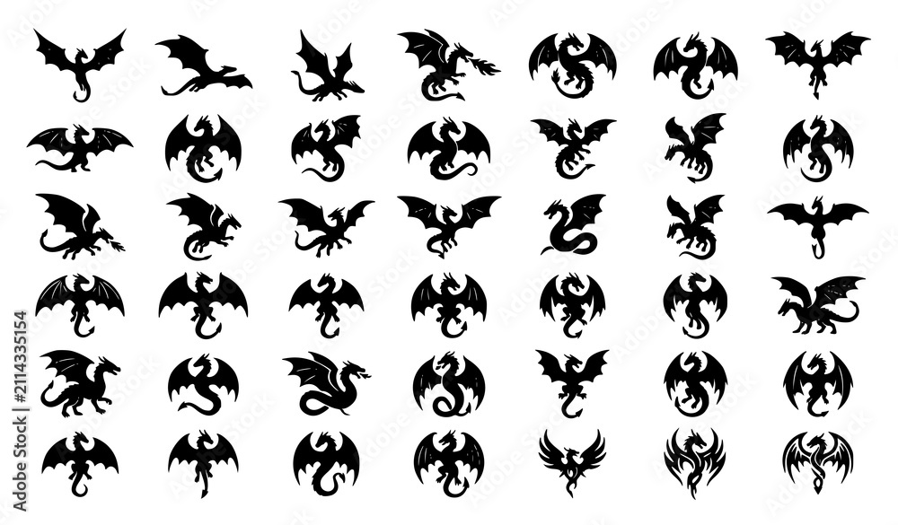 Obraz premium SEO Title: Flying Dragon Silhouette Vector Set with Mythical Winged Creature Icons Isolated on Solid White Background
