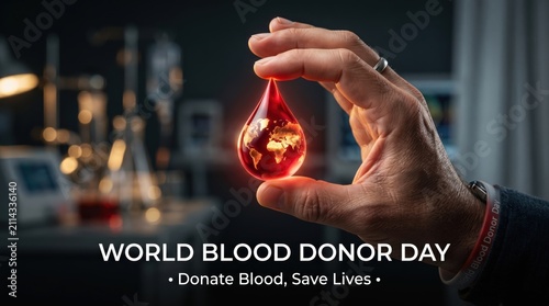 Blood donation concept with a glowing drop. Medical professional holding a symbolic red globe.