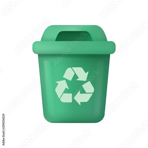 3D vector illustration of a green recycle bin with recycling arrows symbol, isolated on white background. Perfect icon for environmental care, waste management, and ecology concept.