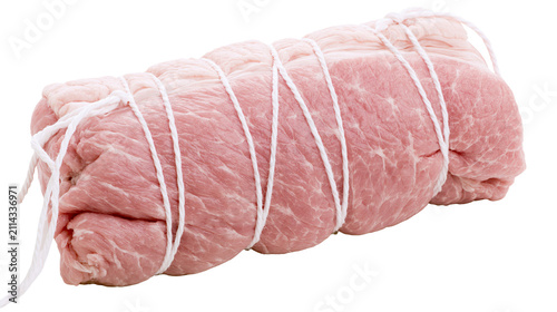 Foto Raw pork loin roast tied with white butcher string