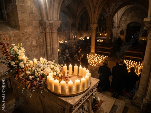 Candles burning in an ancient church. People praying in a dimly lit historic cathedral.