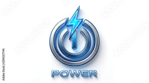 A striking 3D rendered blue and silver power button icon with a lightning bolt symbol, accompanied by the metallic word 'POWER' below, set against a clean white background.