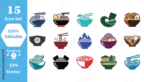 Noodle and ramen bowl icon set with japanese restaurant chopsticks gastronomy