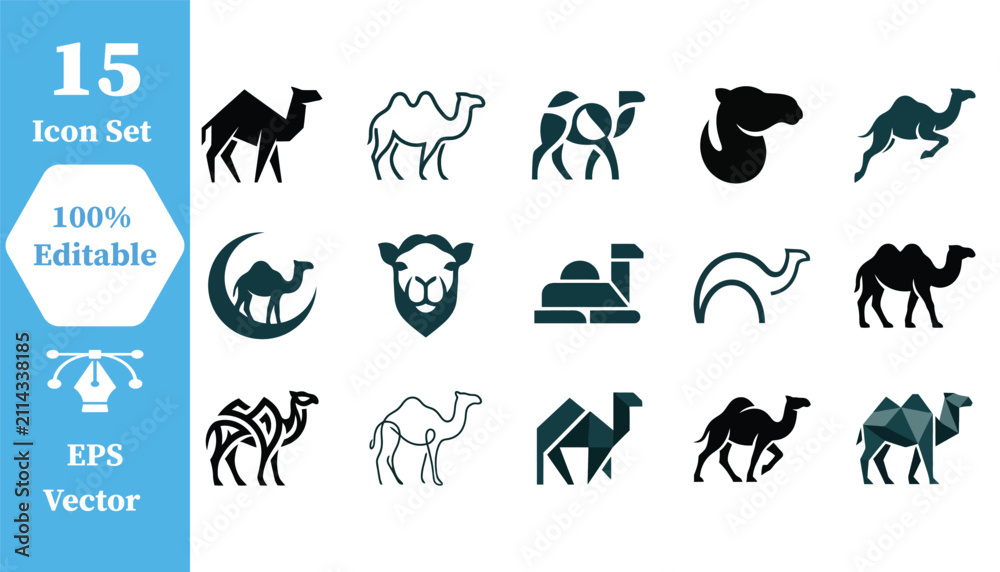 Fototapeta premium Camel desert animal icon set with wildlife dromedary silhouette collection
