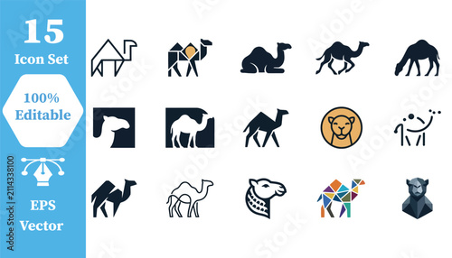 Bild auf Leinwand Diverse camel animal icon collection with dromedary wildlife silhouette