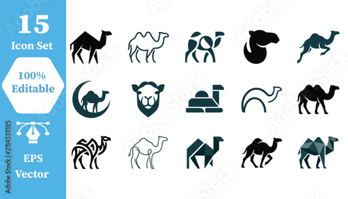 Fotografie Camel desert animal icon set with wildlife dromedary silhouette collection