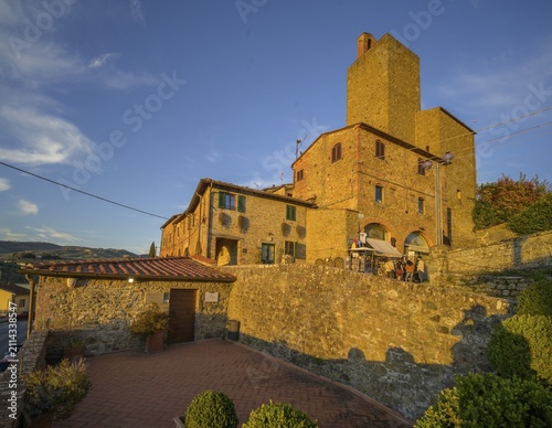 Castle with tower in evening light, Vinci, Metropolitan City of Florence, Italy