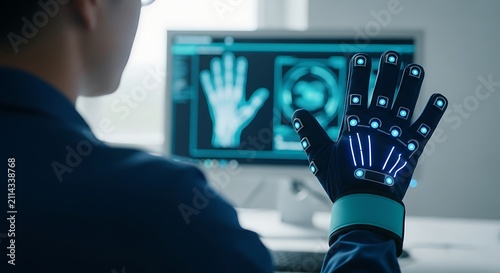 Researcher Using Haptic Sensor Glove with Blue LED Lights