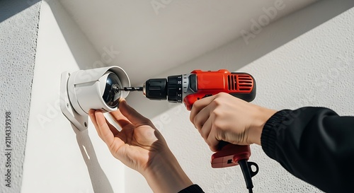 Technician Installing Security Camera with Power Drill on Wall