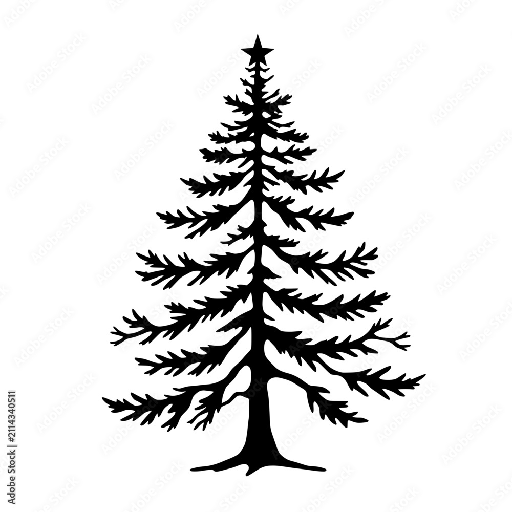 Fototapeta premium Black evergreen pine tree silhouette with detailed branches isolated on white background for Christmas, winter, forest, nature, and seasonal holiday designs