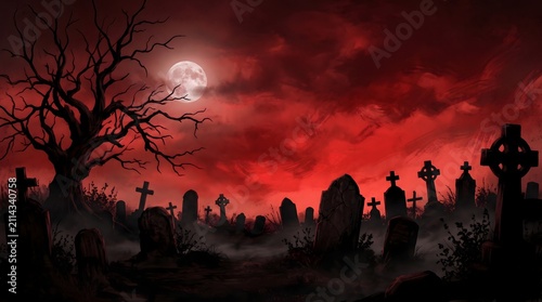 Spooky graveyard scene with a full moon and bare trees under a dramatic dark red cloudy night sky