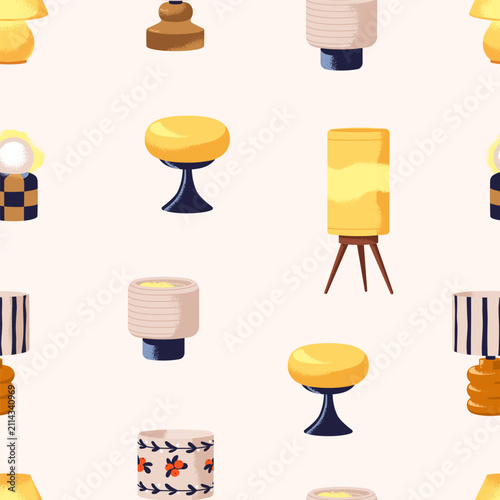 Bedside table lamps pattern, seamless endless background. Cozy home interior ...