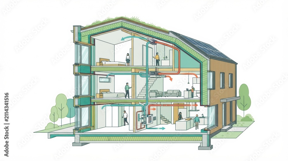 Obraz premium The inner layout of a net zero building with energy efficient systems in a modern passive house concept.
