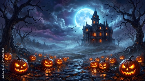 Spooky haunted mansion with glowing jack o lanterns under a full moon on a dark halloween night