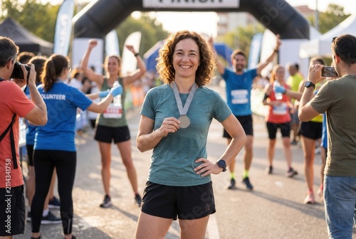 Woman runner smiling and holding medal after completing race with other participants