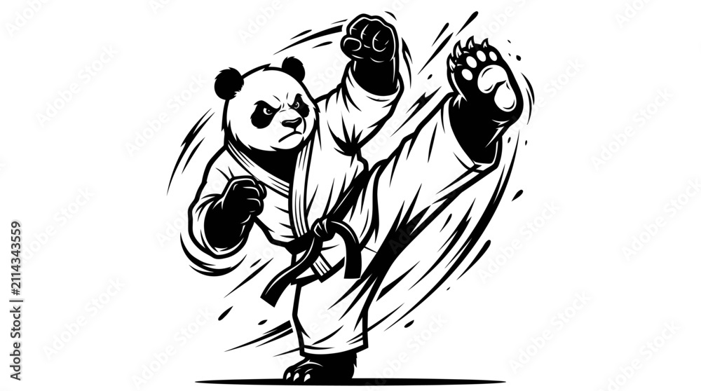 Obraz premium Karate panda bear performing high kick martial arts.