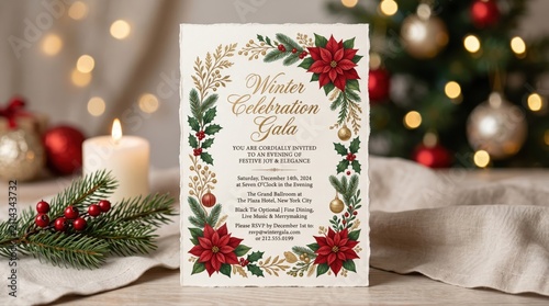 Christmas invitation card with floral frame. Winter holiday event flyer with festive decor.