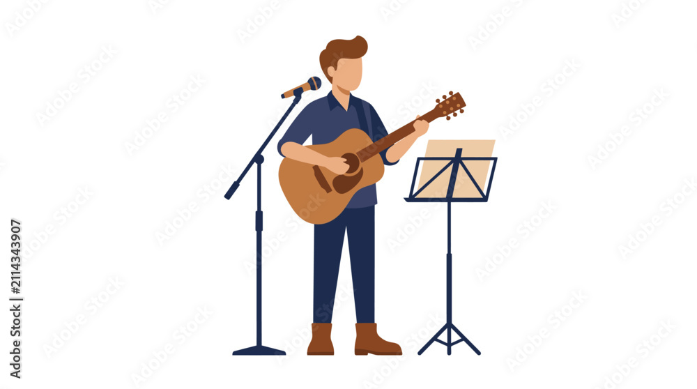 Fototapeta premium A male musician playing an acoustic guitar while singing into a microphone on a stand with sheet music.