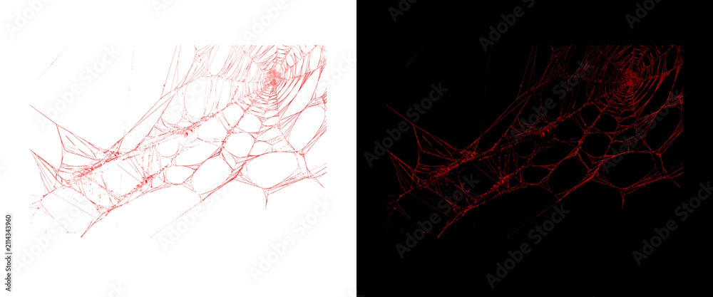 Naklejka premium Microscopic red blood vessel network, anatomical vascular structure on white and black background, biological capillary system for medical research