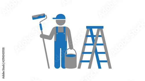 A stylized icon depicting a painter holding a roller and a paint bucket, with a stepladder nearby, representing home improvement and renovation services.