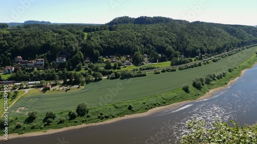 Elbe River landscape and Kurort Rathen in Saxon Switzerland National Park in Saxony, Germany.