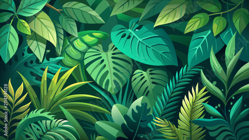 Dense tropical jungle foliage vector illustration background