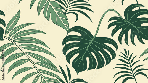 Tropical palm and monstera leaves seamless vector pattern