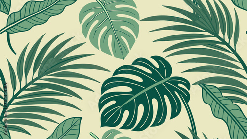Exotic palm and monstera leaf seamless pattern with monstera