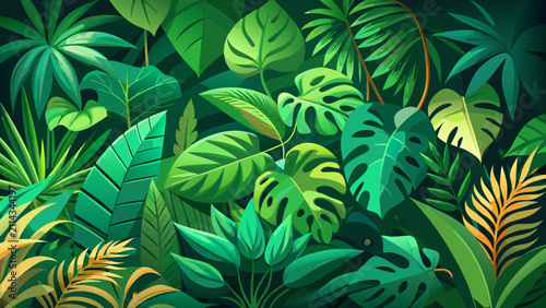 Dense tropical jungle foliage background vector illustration