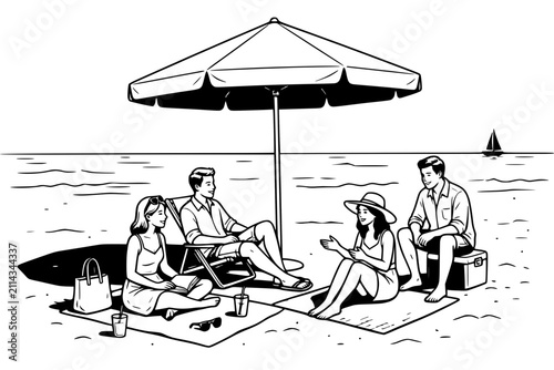 Group of friends converses while resting under a large beach umbrella on a peaceful sandy shore.