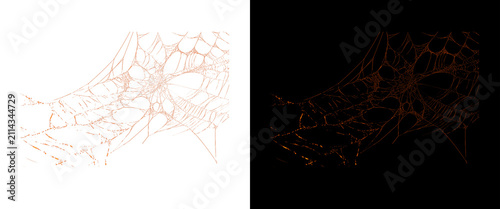 Rose gold spider web texture on white and black backgrounds, metallic copper cobweb design elements, luxury halloween decorative spiderweb set