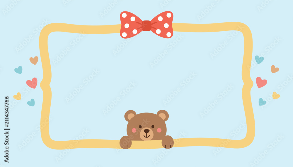 Fototapeta premium Adorable cartoon baby bear peeking over a rectangular border with a red polka dot bow and colorful hearts on blue.