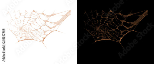 Intricate spider web design elements, golden cobweb texture on white and black backgrounds, spooky Halloween decorative spiderweb set