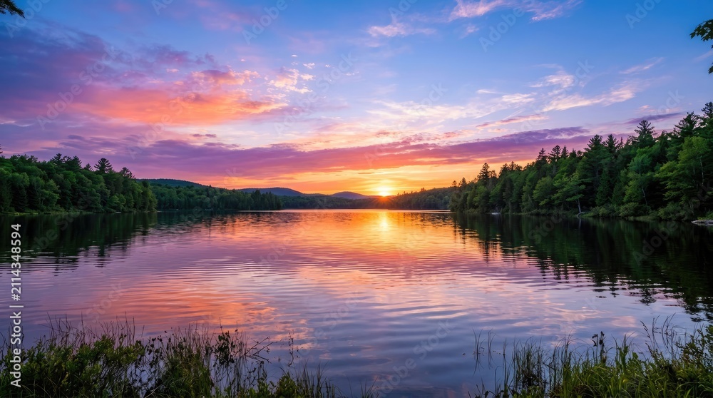 Fototapeta premium Sunset reflecting on calm lake with forest silhouette