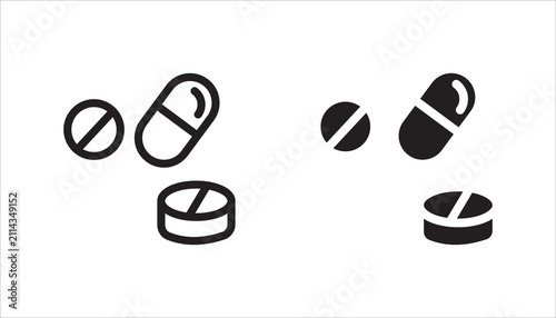 Healthcare medicine pills icon set, collection in outline and glyph styles. Suitable for pharmacy, medical apps, hospitals, prescriptions, and healthcare design.
