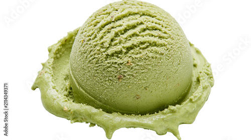 Green pistachio ice cream scoop with melted drips