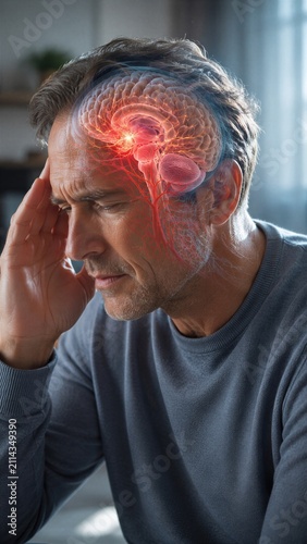 Man suffering from headache touching his head. Visualization of brain anatomy and neural activity. Concept of migraine, stress, mental illness, neurological disorder and medical care.
