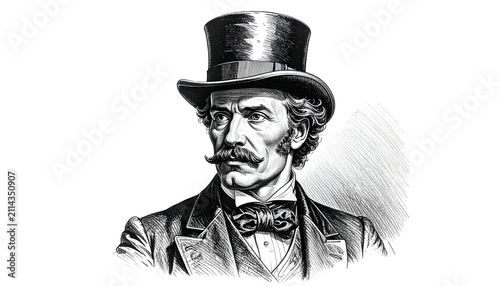 Victorian Gentleman Top Hat Mustache Bowtie Illustration