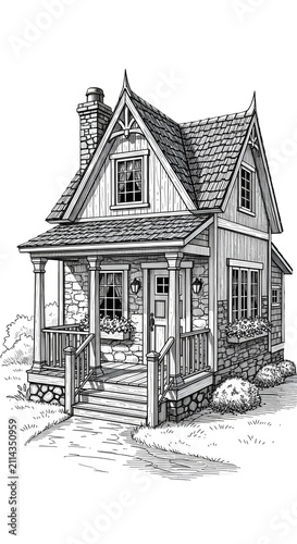Victorian House Illustration Isolated on White Background Detailed Black and White Drawing