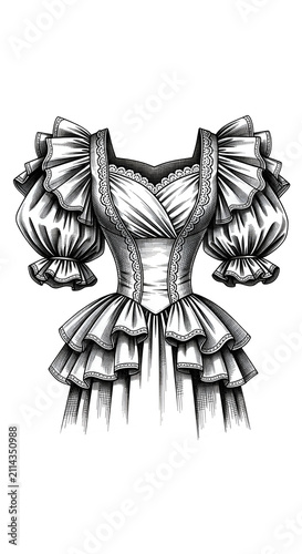 Victorian Lace Ruffle Dress Puff Sleeves Elegant Style Isolated