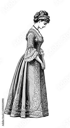 Victorian Lady Elegant Dress Black White Illustration Isolated