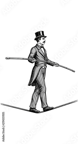 Victorian Man Walking Wire Top Hat Tails Balanced Pole Isolated Transparent